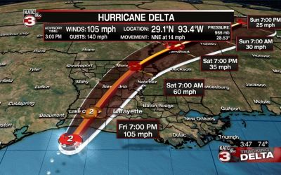 午後3時現在のハリケーン・デルタの予想進路